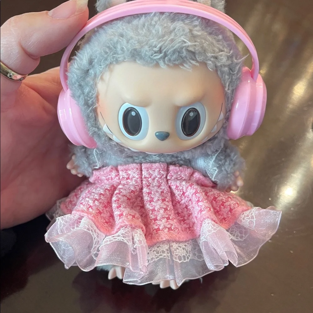 Pink tweed party dress headphones shoes camera for Labubu doll new - no doll